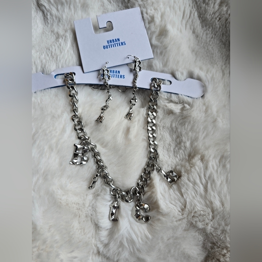 NWT! Urban Outfitters, Bad Girl SET (Necklace & Earrings), silver, MSRP $50